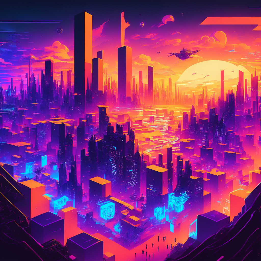 Web3 gaming evolution scene, vibrant gaming landscape, abstract artistic style, warm evening glow, air of excitement and innovation, diverse mix of gamers and developers, a futuristic cityscape, seamless crypto transactions, stylized ERC-20 tokens, smart contracts, emerging tech-infused world, emphasis on growth and interconnectedness.