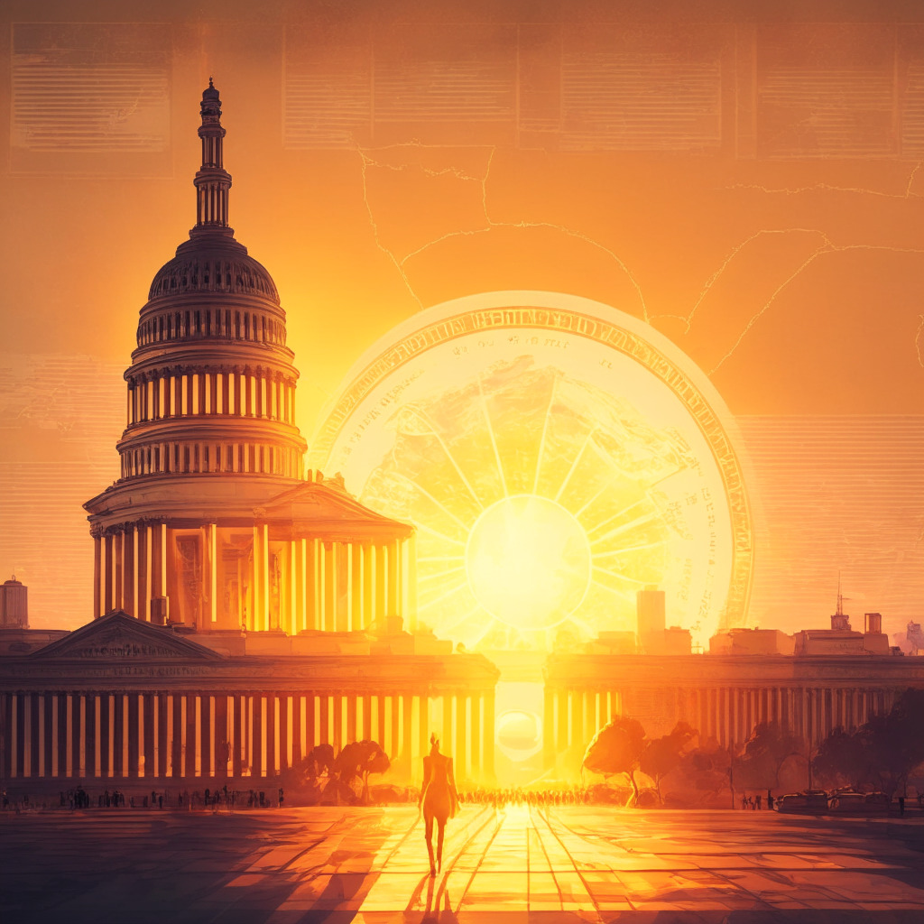Sunset over city skyline, cryptocurrencies ascending skyward, US Capitol in background, vintage map overlay on city, warm golden light, strong upward movement, sense of optimism & cooperation, central bank building with digital glow, NFT art gallery corner, mood: hopeful, unified progress, poised for change.