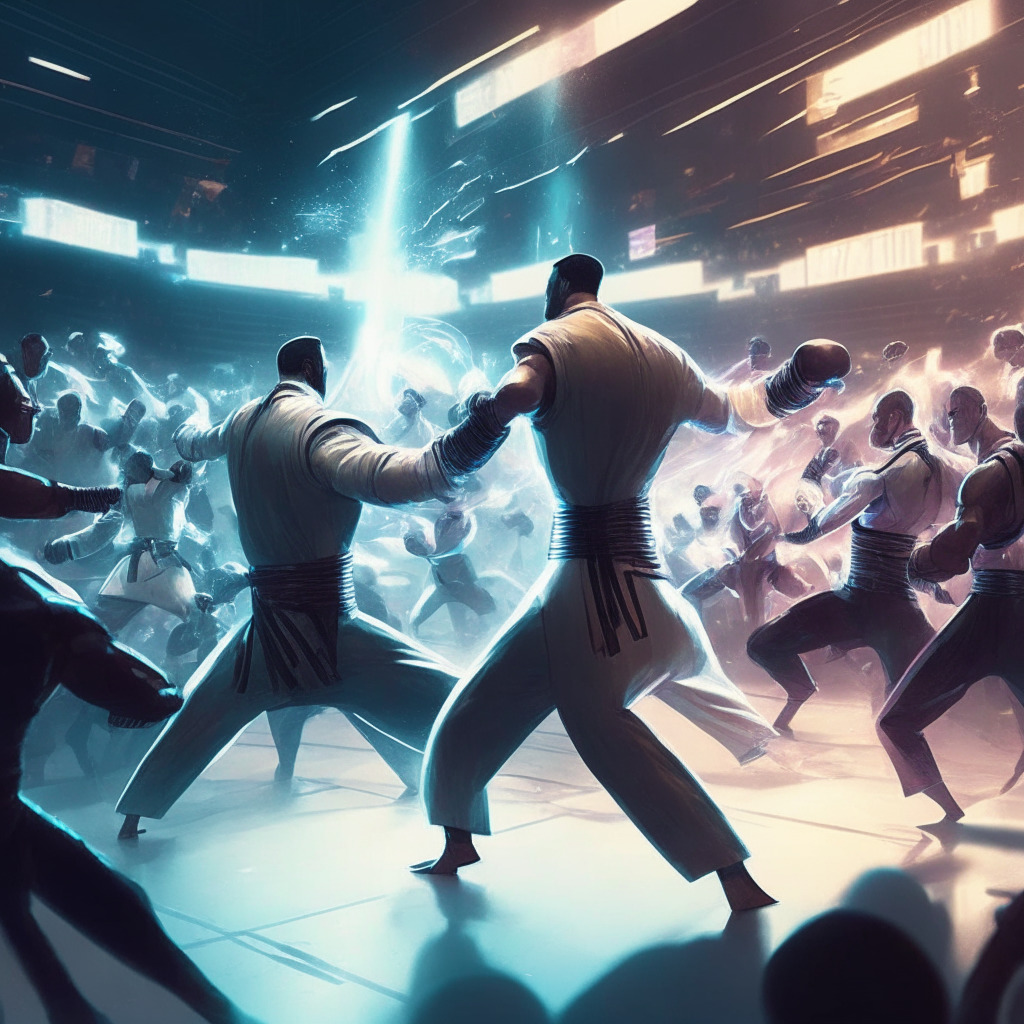 Cryptocurrency-infused karate fight scene, dynamic lighting, high-energy atmosphere, futuristic style, empowering fans, digital tokens shimmering, diverse group of fighters, engaged audience members casting votes, action-packed arena, sense of democratic involvement, subtle touch of uncertainty.