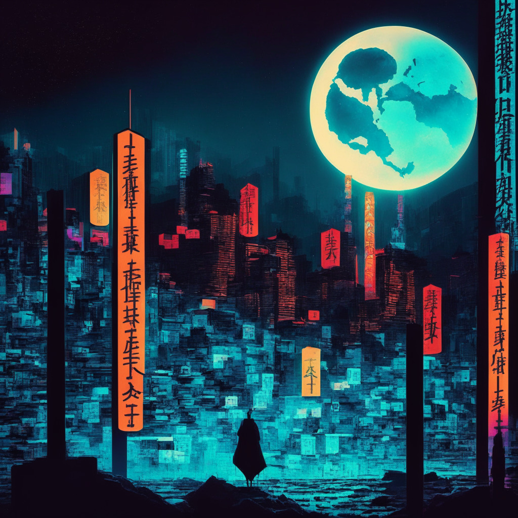 Chinese crypto trading under strict ban, citizens bypassing restrictions, moonlit cityscape with contrasting shadows, crypto symbols embedded subtly, determined investors navigating obstacles, vibrant colors showcasing defiance, mood of resilience and ingenuity, looming regulatory uncertainty.