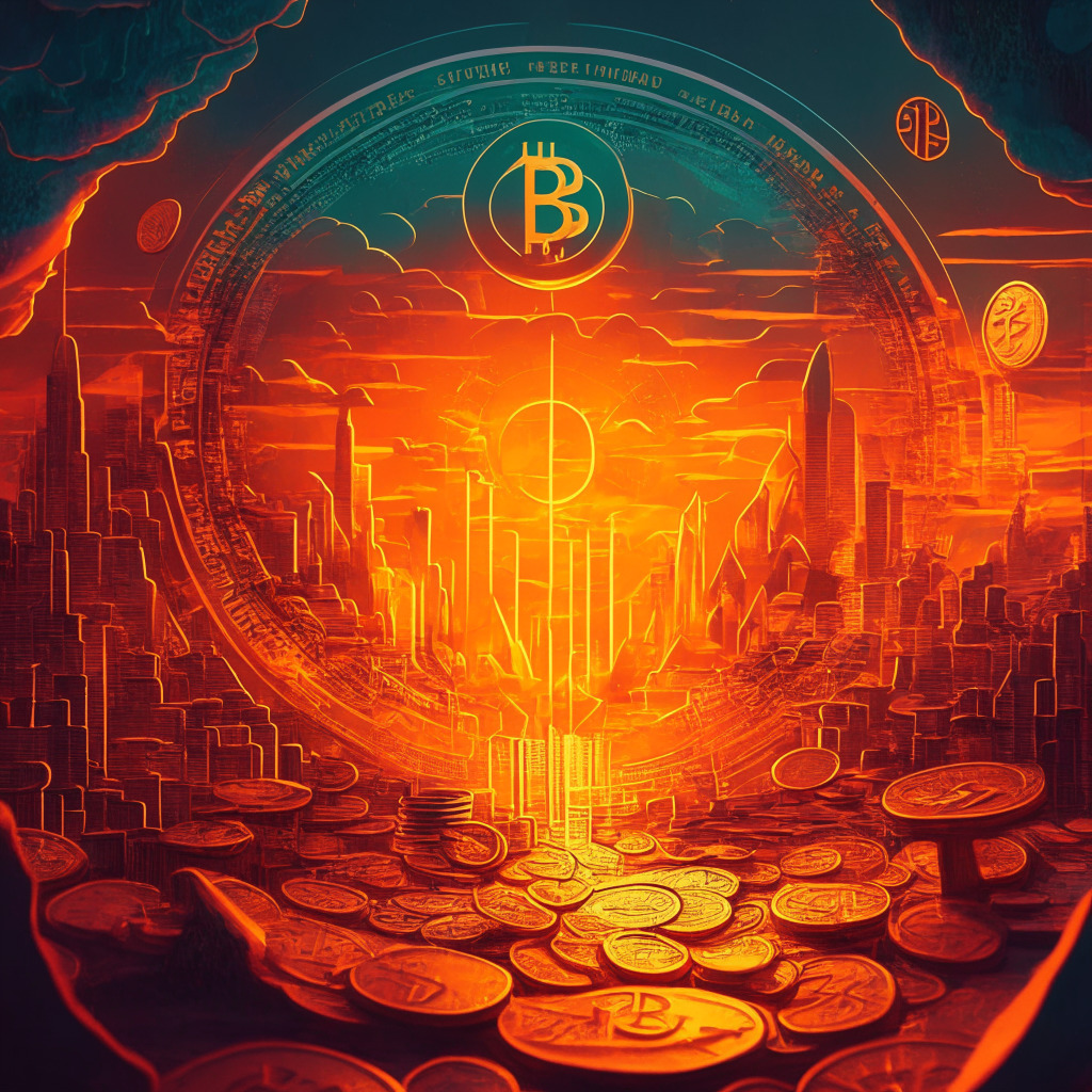 Crypto market 2023, intricate detail, abstract financial art, warm color palette, dusk setting, 1.16T market cap, NFT marketplace, token unlocking events, optimistic mood, glowing crypto coins, increasing token supplies, HBARS, market uncertainty & growth opportunities, informed decision-making