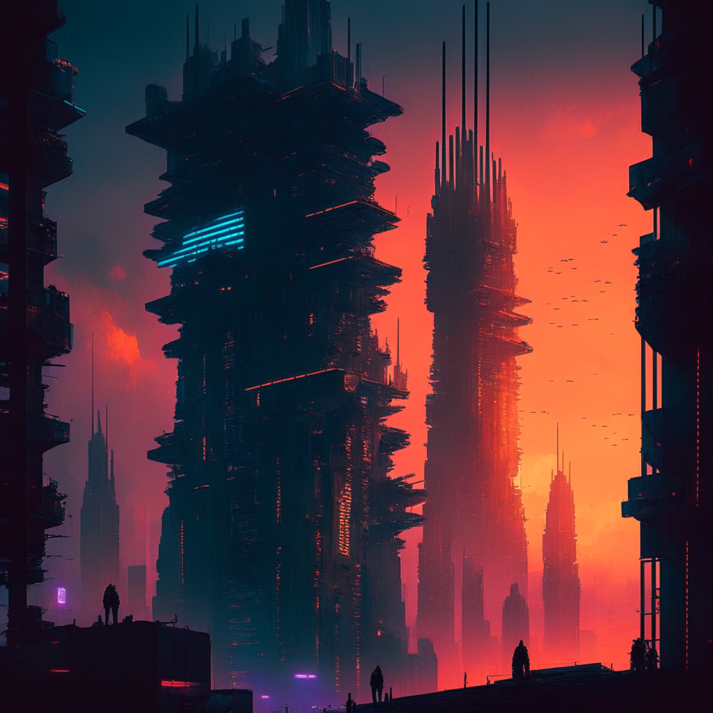 Intricate cyberpunk cityscape at dusk, contrasting warm and cool hues, moody chiaroscuro lighting, secure vs. surveilled atmosphere, centralized futuristic tower (Ledger) receding in prominence, confident open-source code warriors (competitors) emerging victoriously, disgruntled users casting off chains of surveillance.