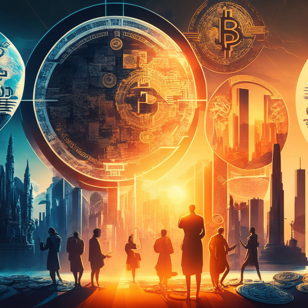 Intricate crypto world scene, various currency symbols and global landmarks, abstract financial market backdrop, futuristic blockchain design, warm sunrise lighting, chiaroscuro contrast, dynamic composition, air of anticipation and caution, diverse characters representing traders, policymakers, and hackers, a hint of surrealism.