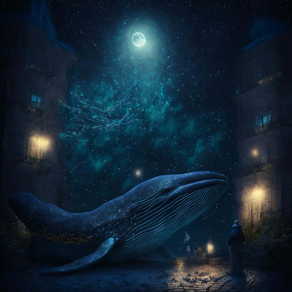 Mysterious crypto whale accumulates 2.5M ARB tokens, nocturnal trading scene, Moonglow lighting, Baroque textures, sense of anticipation, intricate market charts, rising token value, potential risks highlighted, ARB's prominence enhanced, undertone of cautious optimism.