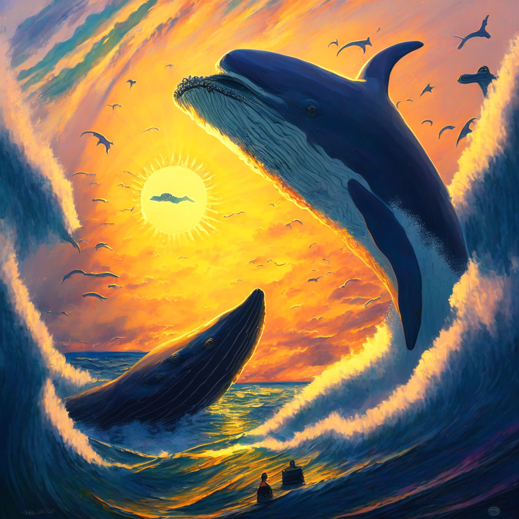 Mysterious crypto whale buying PEPE, setting sun casting shadows over plummeting memecoin, anxious & hopeful atmosphere, swirling vortex of Ethereum deposits, dynamic trading in Asian markets, subtle hints of potential recovery, vibrant artistic brushstrokes depicting market volatility.