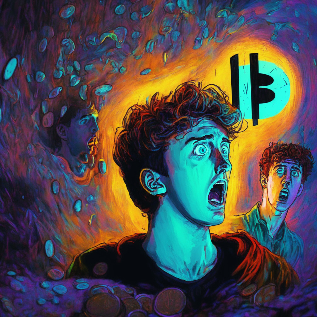 Cryptocurrency drama, BitBoy Crypto YouTuber, BEN tokens dumped, shocked community, tranquility disrupted, vivid colors scheme, chiaroscuro lighting, surrealistic style, mood of betrayal and confusion, contrasting emotions, swirling chaos, uncertain market reactions, subtle tones of deception, fading trust in shadows, resilience in the face of controversy.