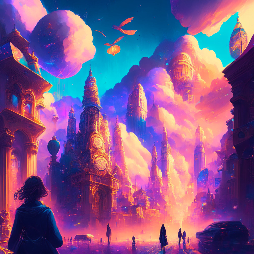 Intricate cityscape with vibrant colors, dynamic crypto tokens flying, diverse people shopping with cards, global monuments, warm glowing lights, baroque-inspired ethereal clouds, futuristic technology blend, optimistic yet cautious atmosphere, celebrating global crypto adoption while hinting at potential security concerns.