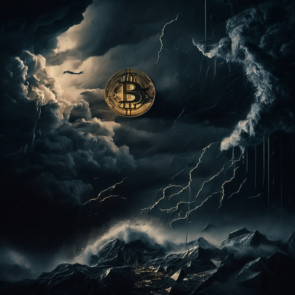 Cryptocurrency debate, macroeconomic factors, contagion risk vs tailwind, dramatic lighting, stormy atmosphere, Bitcoin weathering the storm, traditional finance rollercoaster, fiscal policy winds, decisive moment, dark color palette, mysterious mood, digital landscape, dynamic composition, interconnected financial universe.