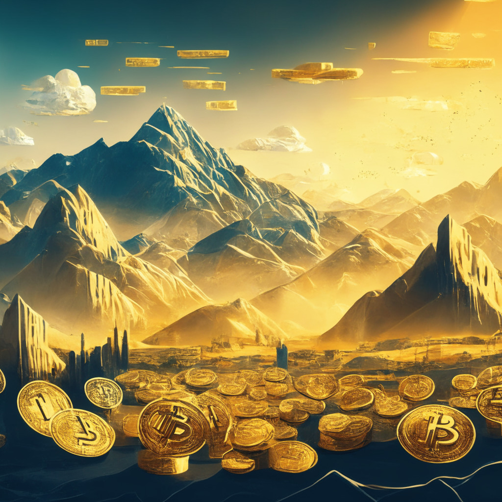 Cryptocurrency-themed landscape with golden mountains symbolizing market value, data-driven sky depicting scarcity of evidence on inflation hedge, central monolithic Bitcoin surrounded by DeFi elements, detailed emerging market cityscape in background, contrasting gold and digital hues portraying tangible vs. digital assets, semi-gloomy atmosphere with uncertainty and skepticism, soft evening light suggesting potential sensitivity to economic factors.