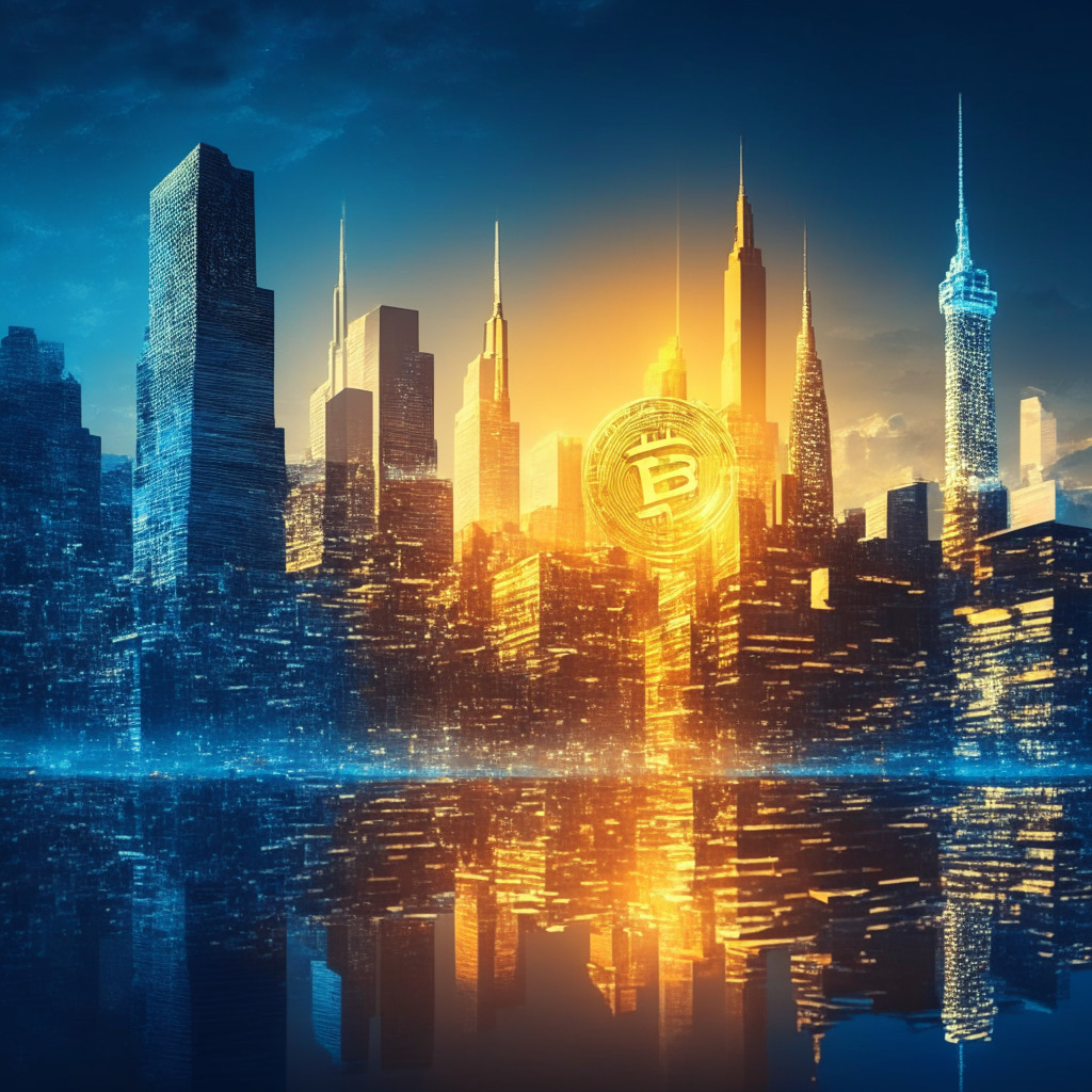 Cryptocurrency integration into traditional finance, visionary future, dusk city skyline, modern financial district with glowing bitcoin accents, blended harmony of old and new economic elements, warm golden light with cool blue undertones, confident and optimistic atmosphere, embracing innovation.