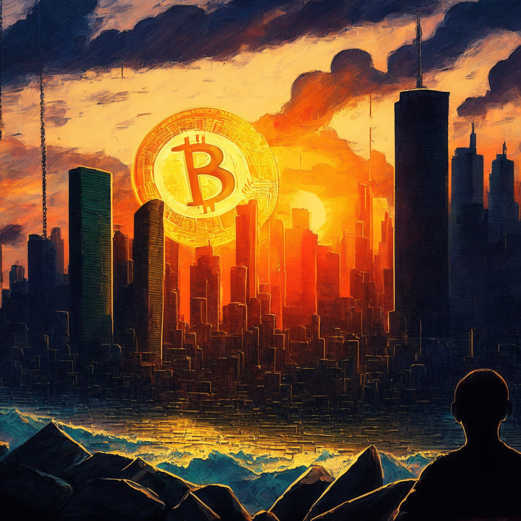 Cryptocurrency adoption amid global economic unrest, Pakistan, Nigeria, Turkey, Japan, central banks losing trust, decentralized digital assets, sunset over a cityscape, chiaroscuro lighting, contrasting moods between hope and uncertainty, currency instability, digital safeguard, impressionist style, metamorphosis, global crypto wave.