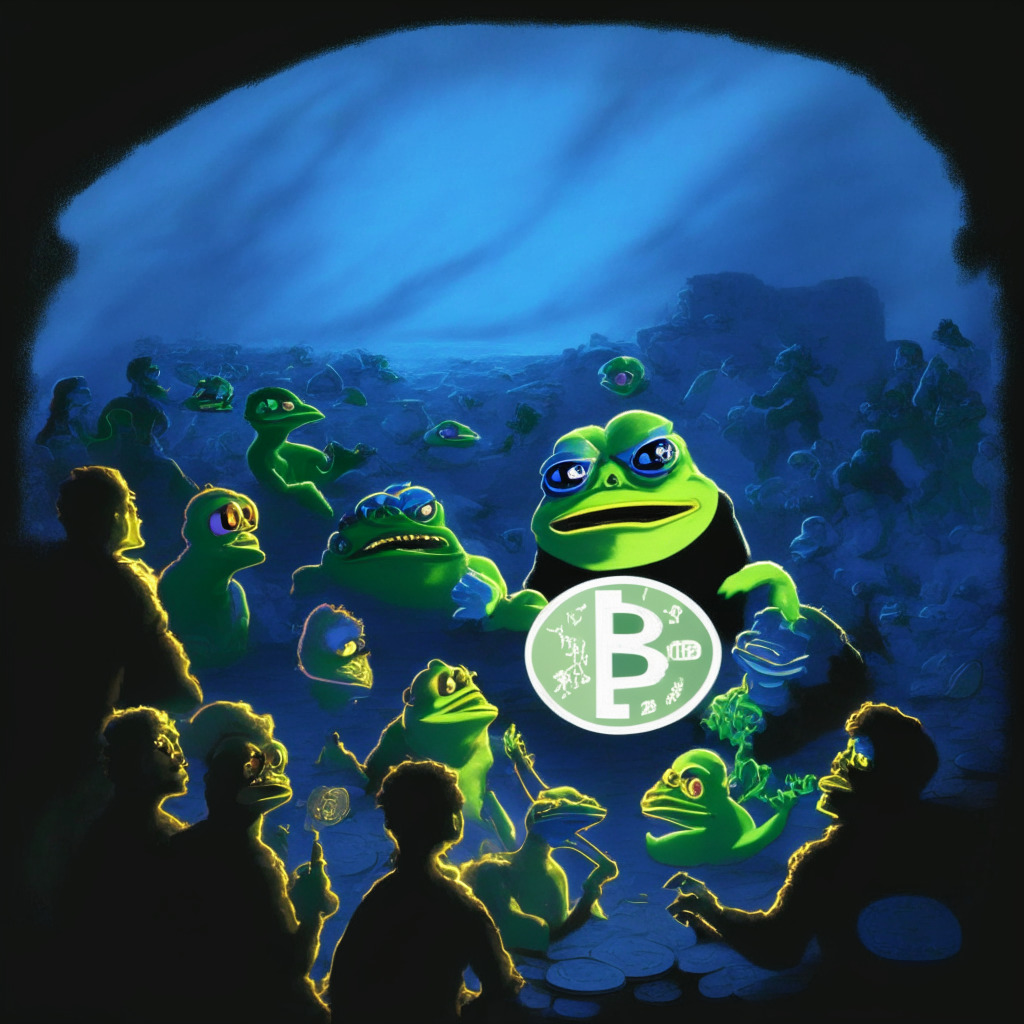 Cryptocurrency clash, Pepe the Frog meme controversy, #DeleteCoinbase, newsletter outrage, Baroque chiaroscuro light setting, polarized mood, contrasting perspectives. Scene: Twitter storm, animated cryptocurrency characters, Coinbase logo in shadows, users expressing dissent, blend of humor & tension in the artistic style.