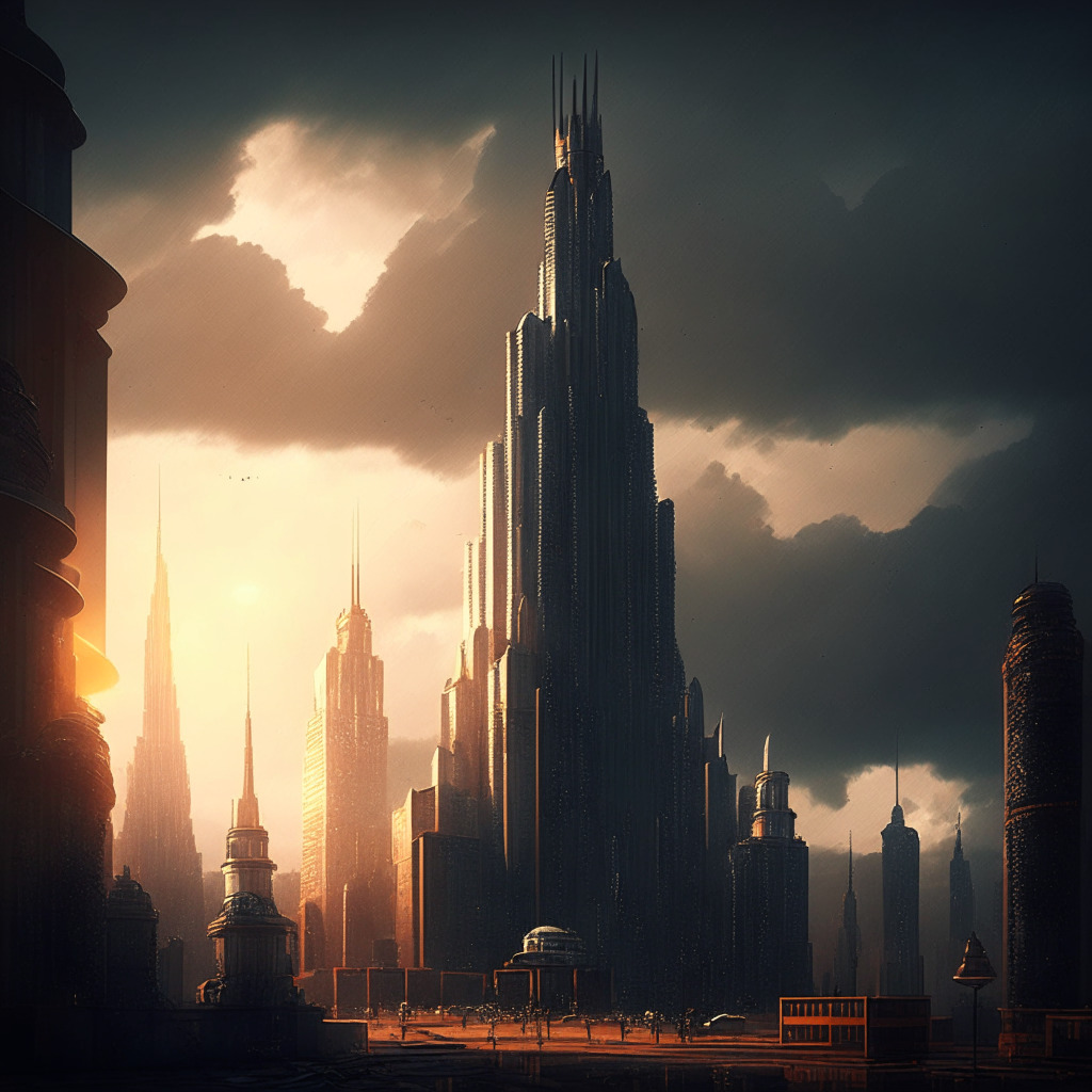 Intricate city skyline with futuristic architecture, contrasting dark gloomy clouds and bright sunshine, traditional Russian and modern financial buildings, tense atmosphere, artistic chiaroscuro lighting, strong shadows, crypto coins and real estate intertwined, subtle tension between opposing forces, mood of uncertainty and cautious optimism.