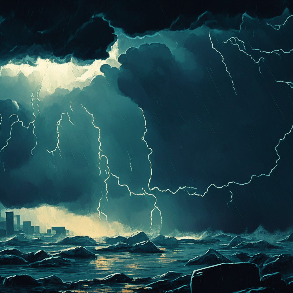 Cryptocurrency downturn, stormy skies, bearish stock market, blockchain landscape, Marathon Digital struggling, contrasting results, descending bitcoin price, murky regulatory waters, miners diversifying, 'halve' event looming, a blend of despair and hope, chiaroscuro lighting, expressionist style, uncertain yet resilient atmosphere.