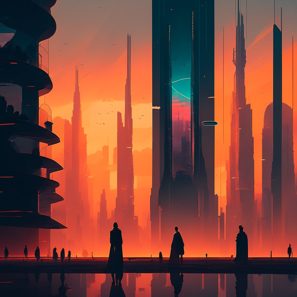 A futuristic cityscape at dusk, contrasting warm & cool colors, muted lighting, dynamic composition, blockchain elements, innovation & hesitation reflected by people's expressions, an hourglass representing time pressure, subtle nod to financial opportunities, hint of shadowy figure for underlying risks.
