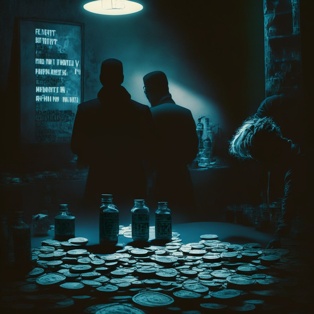 Cryptocurrency-fueled fentanyl trade scene, dark and mysterious atmosphere, shadowy figures exchanging digital currency, looming drug menace, chiaroscuro lighting emphasizing danger, tension-filled mood, underlying hope through legislative proposal, balanced regulatory approach, potential innovation stifled, preserving integrity of the industry.