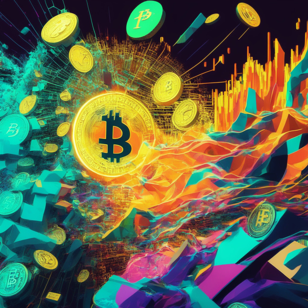 Cryptocurrency market rollercoaster, diverse coins in motion, positive growth (Ethereum) & slumps (Bitcoin Cash), spirited small-cap token surging 72%, financial institutions' influence, delicate balance of light & shadow, fusion of optimism & caution, vivid colors highlighting volatility, mood of excitement & uncertainty, bold artistic strokes.