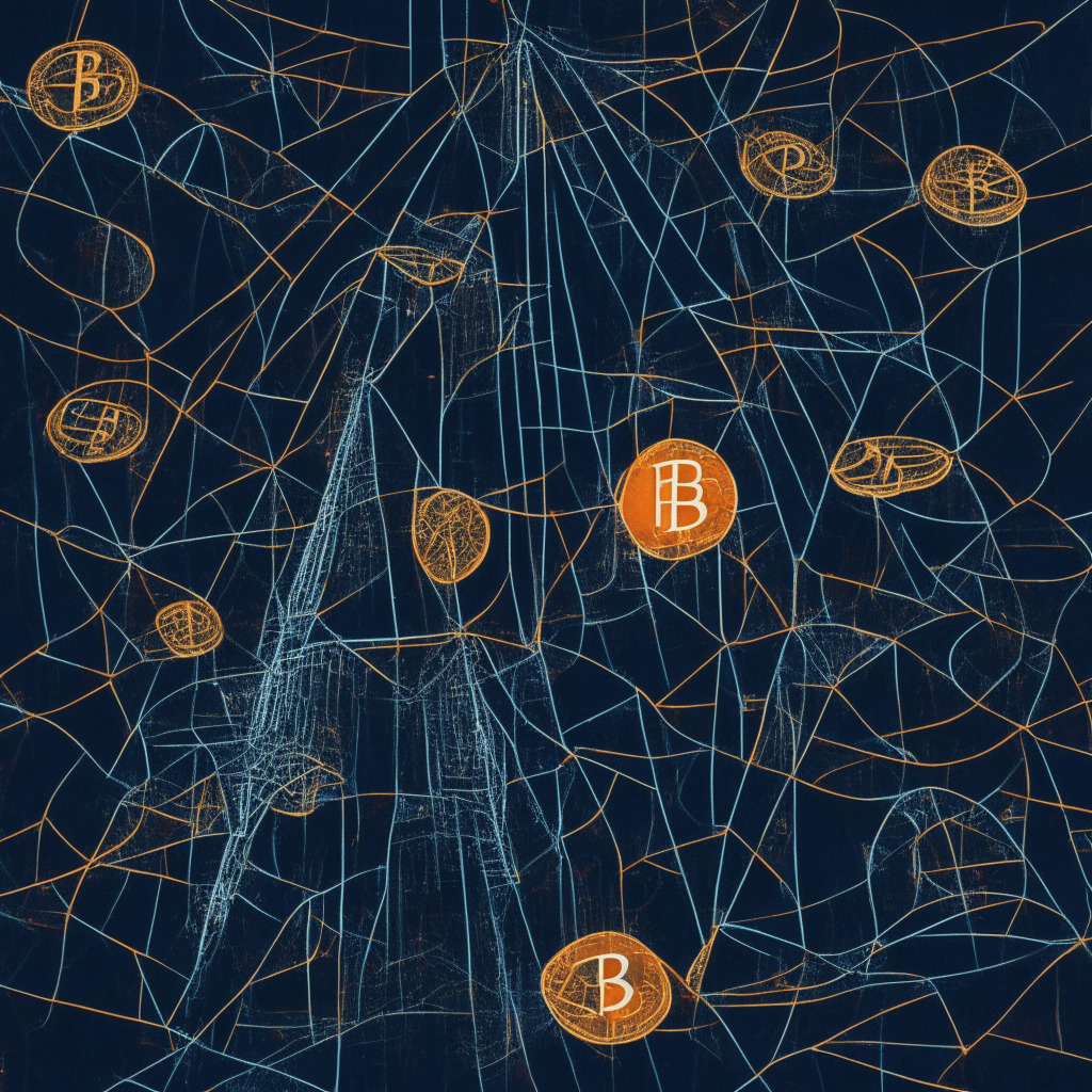Intricate blockchain pattern, dimly lit, impressionistic style, mood of uncertainty and anticipation. Scene: Bitcoin, Ethereum, Monero, OKB & Rocket Pool coins balancing on a tightrope, S&P 500 on the sidelines. Vibrant features: inverse head & shoulders pattern, triangle support line, Bollinger Bands highlighting direction. Key focus: hard-fought resistance(levels) & bullish hope.