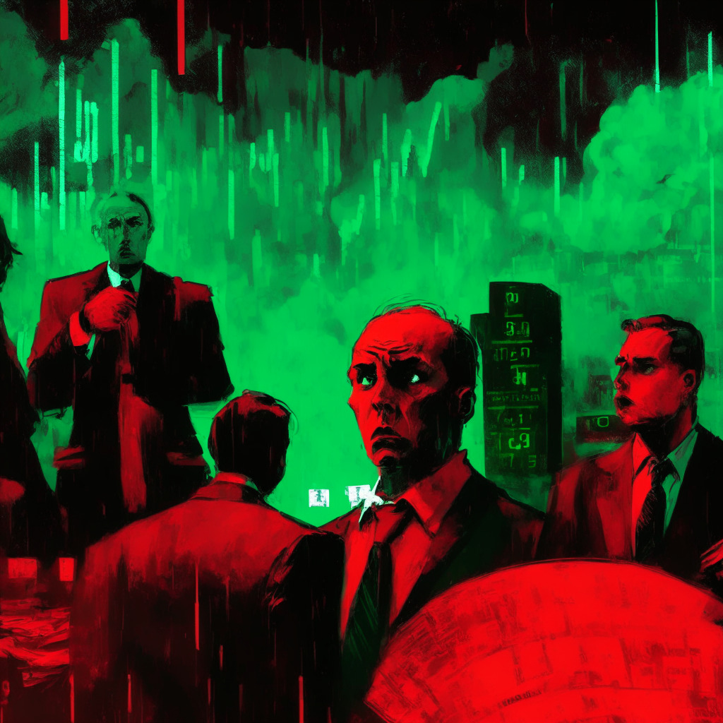 Cryptocurrency market uncertainty, dimly lit scene, financial storm brewing, contrasting hues of red and green, hopeful investors holding altcoins, US debt ceiling negotiation papers scattered, santiment data and Glassnode charts in backdrop, apprehensive mood, expressionist painting style.