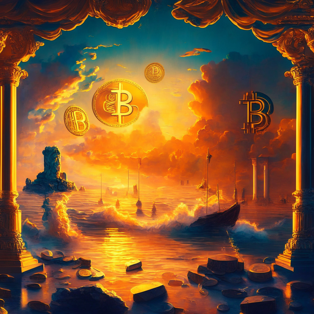 Cryptocurrency outflow scene, sunset skyline, Bitcoin symbol slowly fading, altcoins emerging in vibrant colors, Baroque-style painting, chiaroscuro lighting, mood of transition and exploration, hint of caution in the air, digital gold concept blending with traditional gold treasures.