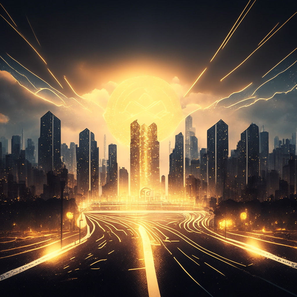 Mystical city skyline at dusk, diverging roads symbolizing growth and unpredictability, contrasting light and shadow, subtle gold and silver hues representing BTC and ETH, vibrant sparks for smaller cryptocurrencies like XRP and GRT, stormy skies reflecting market fluctuations, hopeful beams of light emerging, overall mood of cautious optimism.