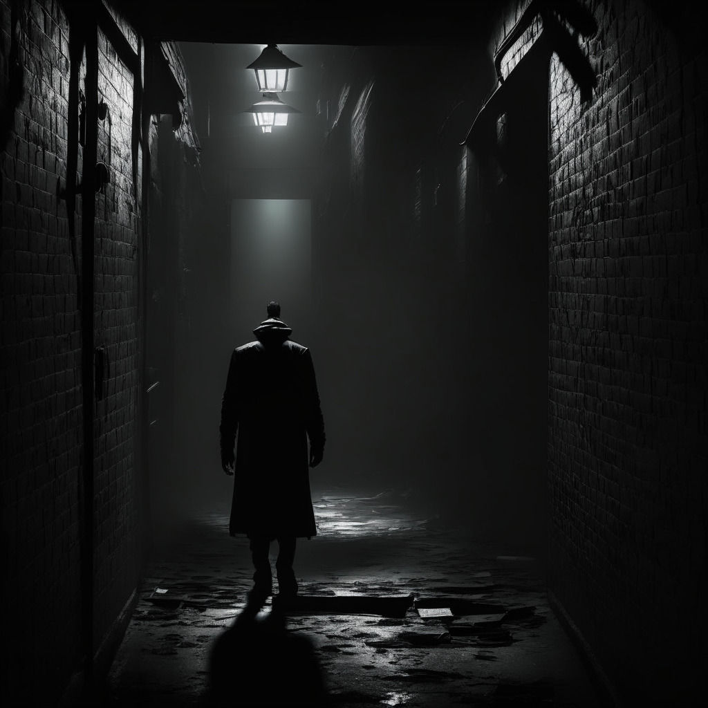 Cryptocurrency scam scene, dark alley, backdoor & abandoned vault, gloomy atmosphere, film noir style, shadows & low-key lighting, mysterious masked figure with stolen crypto, users' outrage, trust issues, cautionary tale, mood of uncertainty & vigilance.