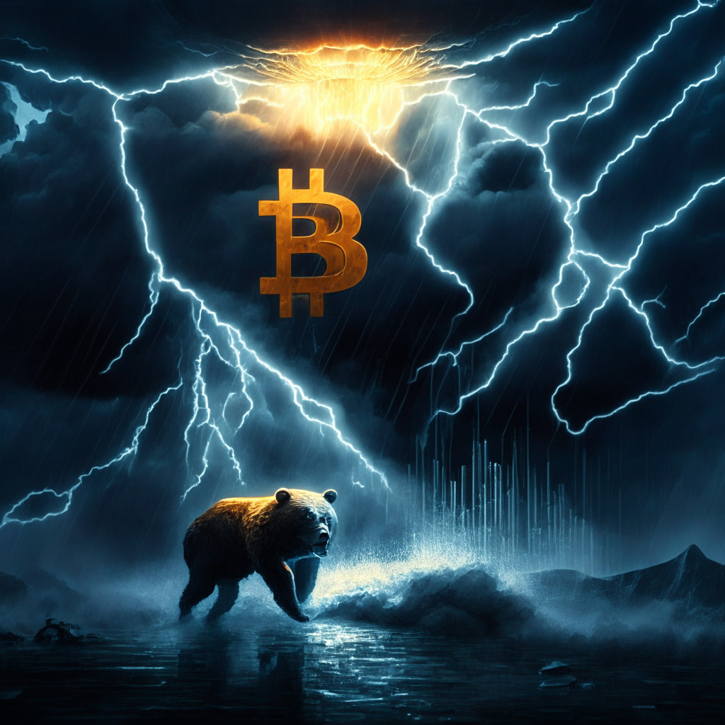 Cryptocurrency storm, bear market and regulatory shifts, central bank rate hike shadows, dark and volatile atmosphere, digital assets juggling risks, timely cyber defense, fervent ray of light with XRP surge, artistic financial landscape, potential for growth amidst uncertainty, resilience and adaptability, dawn of new opportunities.
