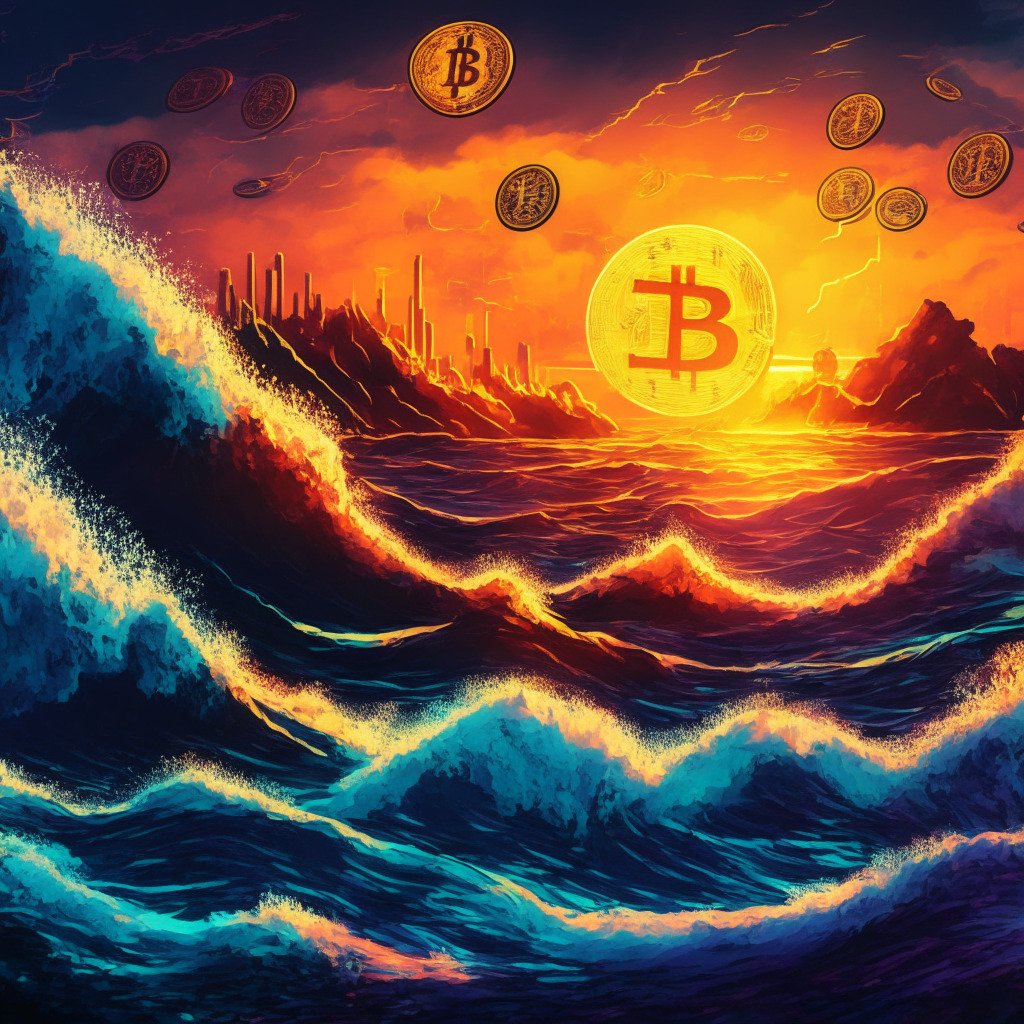 Cryptocurrency market scene, dynamic financial waves, Bitcoin cautiously moving, altcoins rising, artistic tension, vibrant sunset colors, dark shadows cast, contemporary digital art style, mystifying ambience, focus on ECOTERRA, AiDoge, CFX, SUI, YPRED, BSV, SWDTKN, potential market catalysts, complex web3 ecosystem representation, hints of looming macroeconomic threats.