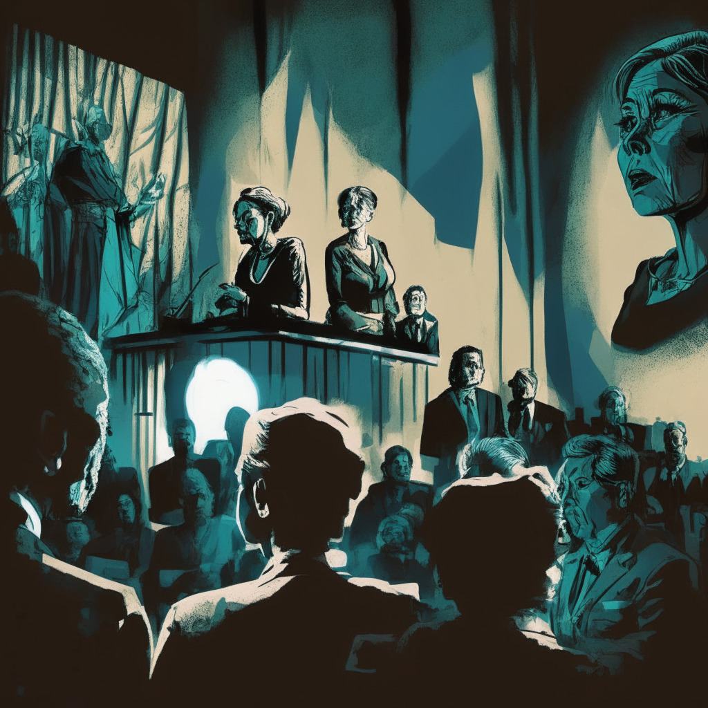 Intricate congressional hearing scene, Sen. Elizabeth Warren passionately discussing regulation, dark room with focused spotlight, shadows defining tension, fentanyl crisis stats on backdrop, muted colors symbolizing somber mood, blend of realism and abstract, anonymous figures representing drug cartels & crisis victims, traces of digital currency, clash of modernity and concern.