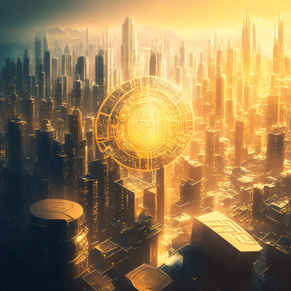 Intricate, futuristic cityscape reflecting cryptocurrency's impact, intertwined traditional and crypto markets, soft golden light, a tinge of uncertainty in the air, digital elements representing decentralization, contrasting moods of reassurance and looming recession risk, technology-led optimism amidst potential macroeconomic challenges.