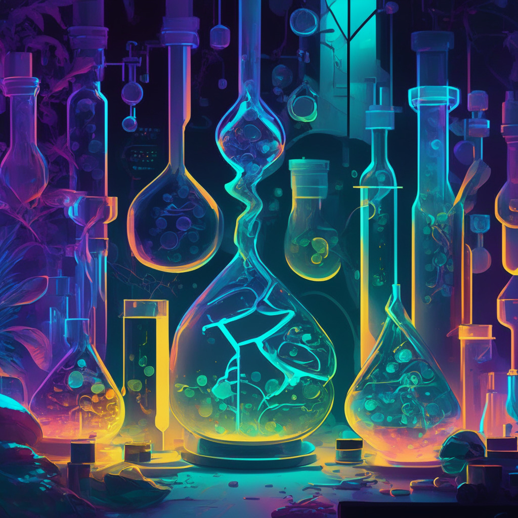Cryptocurrency meets longevity research, twilight-lit lab scene, glass beakers and futuristic tech, calming yet intense atmosphere, epigenetic symbols and DNA strands, diverse group of scientists collaborating, sense of hope, rejuvenation, and innovation, bold artistic style, vibrant contrasting colors.