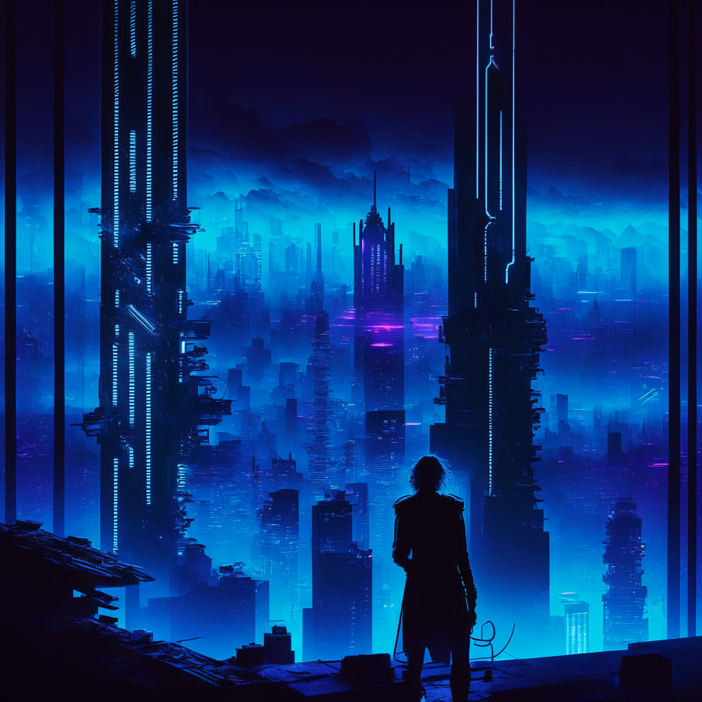 Futuristic cyberpunk cityscape, tech noir mood, Jimbos Protocol central tower, neon silhouettes of security researchers, on-chain analysts, law enforcement, attacker on a distant roof, glowing connections symbolizing collaboration, dark blue color scheme, hazy atmosphere, low-key lighting, contrasting deep shadows and vibrant highlights, mysterious aura.