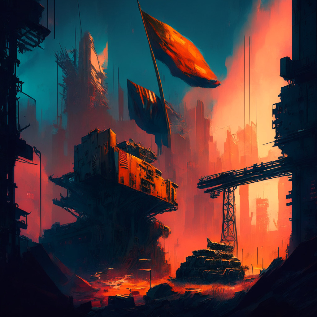Intricate cyberpunk cityscape with crypto mining rigs, contrasting natural elements, vivid colors, chiaroscuro lighting, U.S. flag billowing atop rusty mining equipment, tense atmosphere, environmental tension, and expressionist art style.