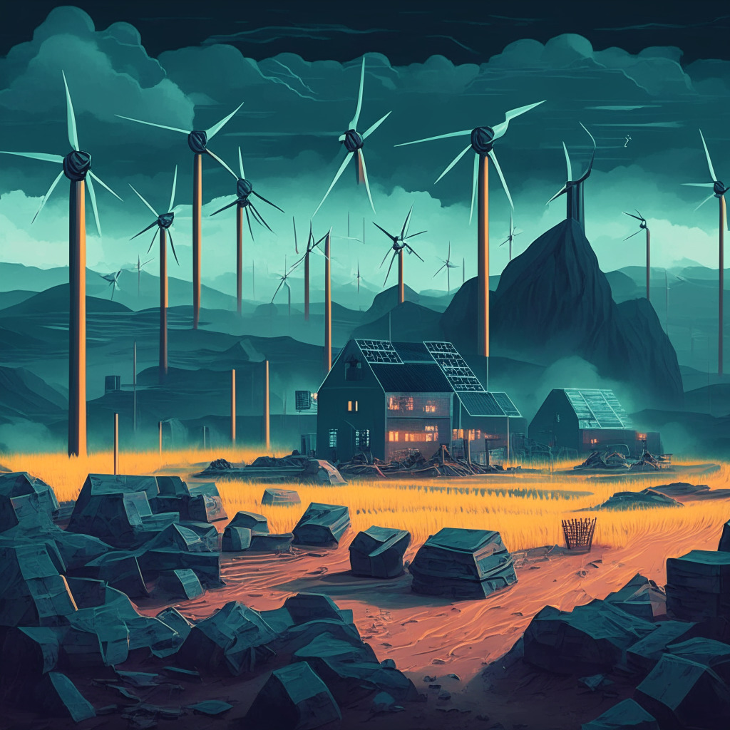 Cryptocurrency mining scene with DAME tax looming, contrasting clean energy-powered miners and fossil fuel-dependent miners, rural landscape with wind turbines, solar panels, and electricity grid, moody lighting suggesting uncertainty, muted color palette symbolizing a discouraged atmosphere.