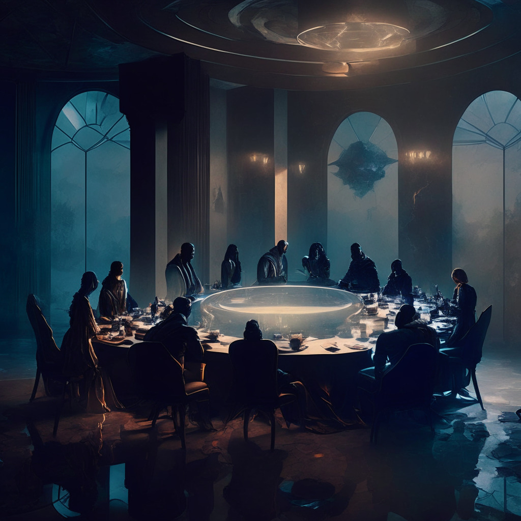 Twilight-lit scene of a diverse group at a roundtable, discussing the balance between decentralization & traditional structures, an ethereal blend of renaissance & futuristic art styles, evoking contemplative & dynamic moods, a digital realm merging with physical space, hinting at DeFi & legal frameworks.