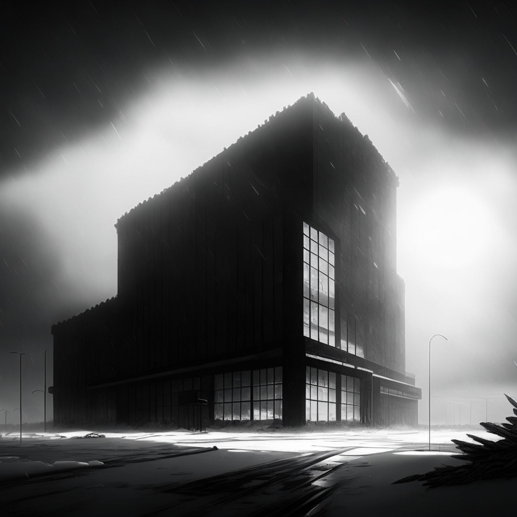 Vivid depiction of crypto winter landscape, desolate financial realm, abandoned TradeBlock office in grayscale, subtle light breaking through dark clouds, eerie and melancholic mood, regulatory uncertainty casting long shadows, emerging collaborations, hopeful light flickers on the horizon.
