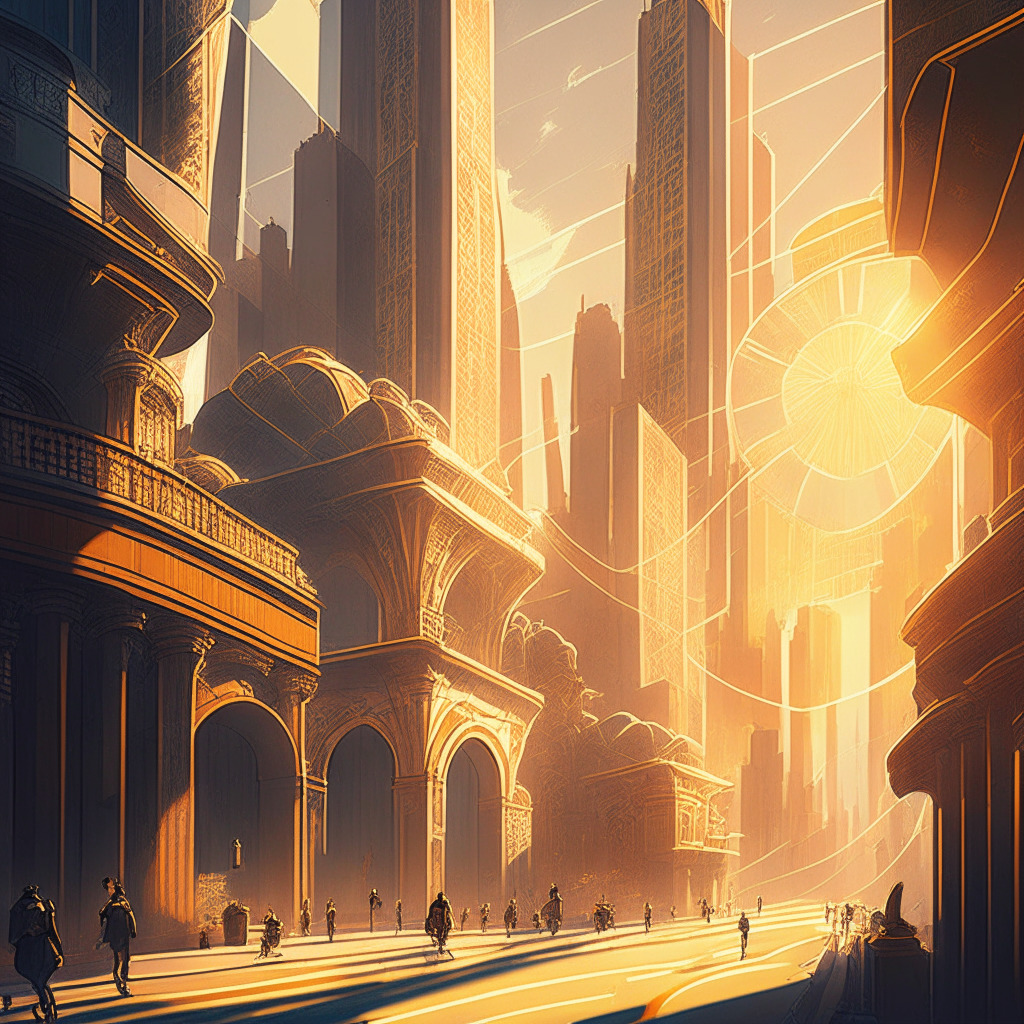 Intricate cityscape bathed in warm sunlight, futuristic decentralized exchange buildings, bustling traders and investors, art nouveau elements, shadows highlighting growth and resurgence, DEX Uniswap and Binance BNB Chain themes, sense of optimism overcoming obstacles, contrast between centralized vs decentralized architecture, illuminated pathways guiding decision-making.