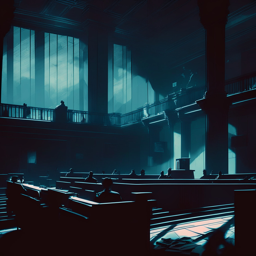 Twilight-lit courtroom, dramatic chiaroscuro, crypto-exchange platforms on trial, DOJ agents solemnly observing, hint of cyberpunk aesthetic, high-contrast shadows, complex web of digital connections symbolizing regulations, anxious mood, looming DeFi architecture, scattered scam debris.