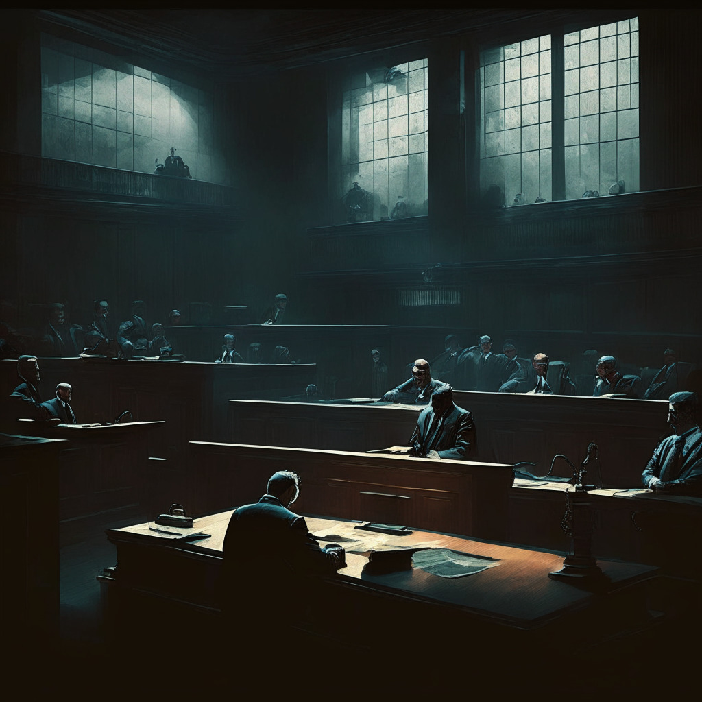 Ex-FTX CEO in courtroom, prosecutors debating, balance scale with crypto coin and handcuffs, dimly lit scene, chiaroscuro lighting, uneasy atmosphere, contradicting sentiments, international laws in play, ethereal courtroom blend, anticipation for case outcome. (342 characters)
