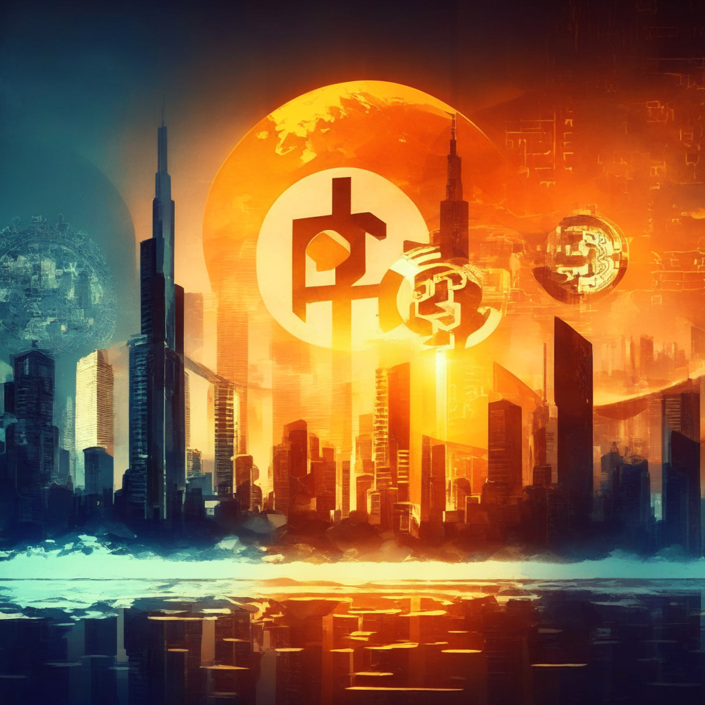 Futuristic city as global economy backdrop, Chinese yuan and Russian ruble rising, digital assets floating, shifting light setting from day to dusk, declining USD symbol in shadows, hopeful mood, impressionist style, focus on evolving stablecoins diversity.