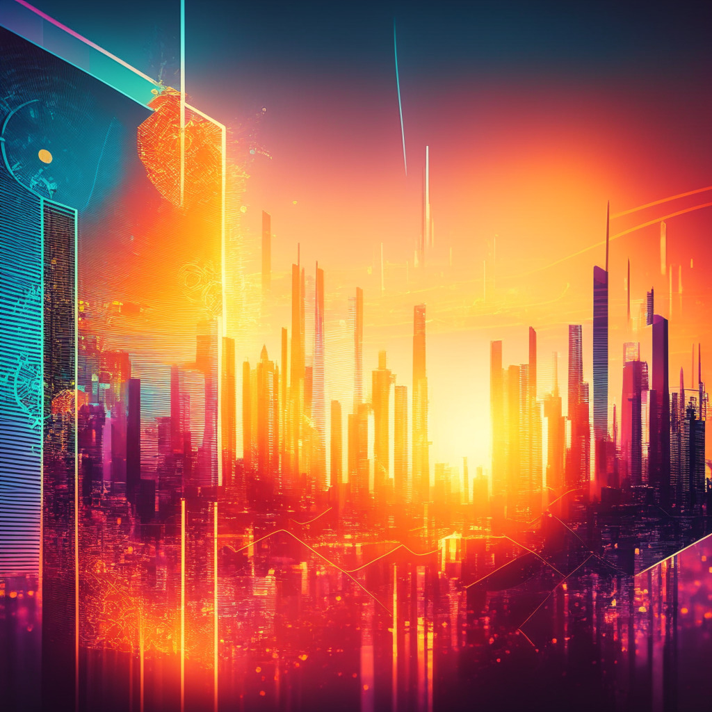 Sunrise over futuristic cityscape showcasing DeFi innovation, intricate financial charts illustrating rapid growth, glimmering LBR token as a core element, vibrant colors reflecting optimism, soft light shaping dynamic structures, high contrast symbolizing uncertainty, evoking a sense of excitement and cautious optimism.