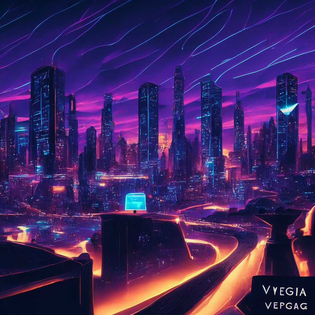 Gleaming DeFi cityscape at twilight, VEGA token soaring high, futuristic trading platforms with derivatives and cryptocurrency symbols, various currency tokens (USDT, USDC, ERC20) glowing, Vega Protocol's Ethereum bridge in the background, excited traders, hint of regulatory uncertainty, vibrant optimism, and anticipation.