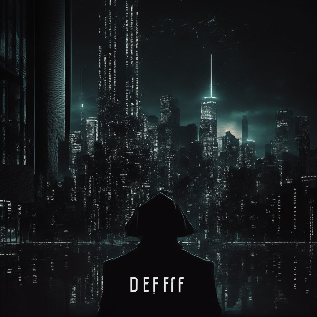 Cybersecurity dilemma in DeFi space, dark and mysterious atmosphere, tension between negotiators and hackers, gloomy city skyline, a scale balancing lost funds and ethical implications, virtual tokens & code fragments symbolizing attacks, subtle film noir style, dimly lit surroundings with contrasting highlights.