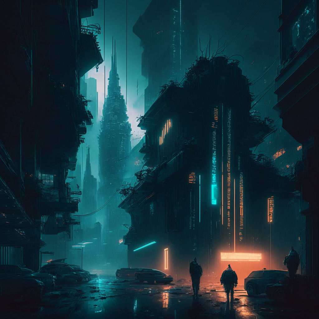 Intricate cityscape with DeFi elements, cyber investigators, subtle North Korean hackers, low-light urban setting, chiaroscuro contrast, mysterious mood, futuristic police task force, dynamic composition, cracked digital locks symbolizing hacks, glowing regulatory structures, delicate balance between innovation and security.