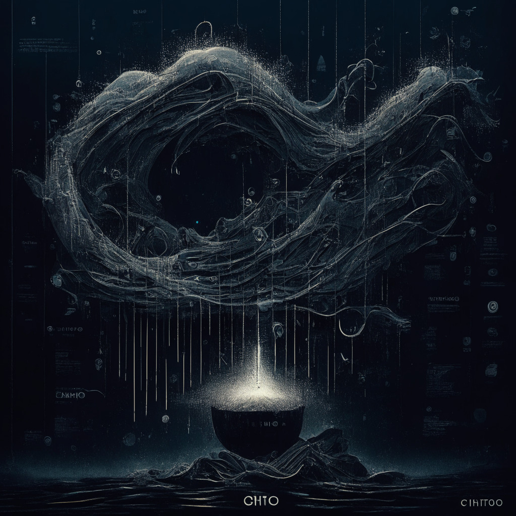 Intricate, moody visual representation of DeFi liquidity crisis, crumbling charts & fading hype cycle, Canto blockchain struggling amidst dark, stormy environment, 35% TVL slump concept, swirling uncertainty, glimmers of innovation, unique offerings as beacons of hope, no logos, brands.