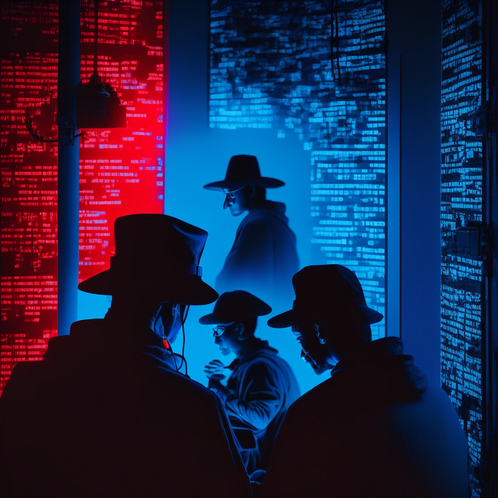 DeFi protocol security breach scene, hackers in dark room, illuminated computer screens, tension-filled atmosphere, contrasting shadows, a light glint on a digital padlock breaking, blue and red hues conveying a sense of emergency, subtle references to digital currency and blockchain, white hat hackers working to recover funds.