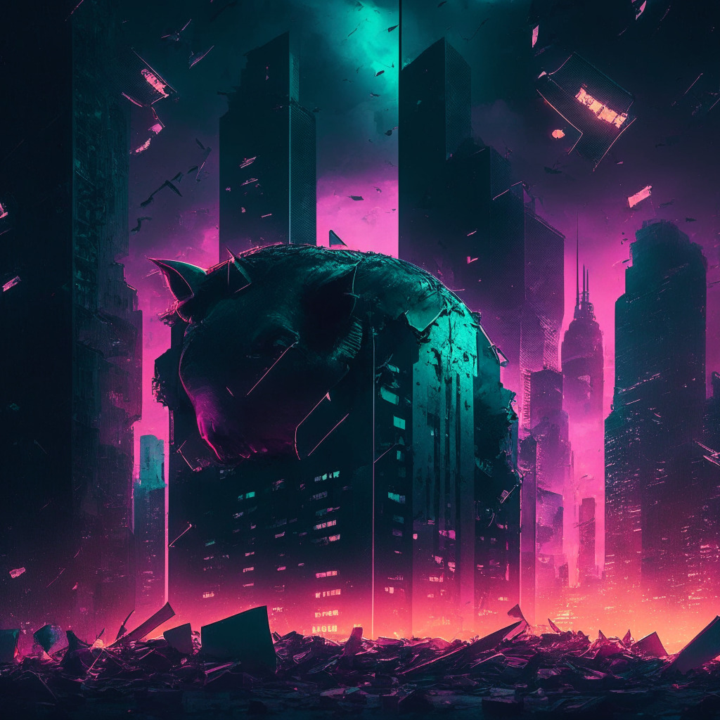 Eerie twilight scene, cyberpunk cityscape, shattered piggy bank in the foreground, ethereal code fragments in the air, central building representing DeFi, contrasting colors symbolizing traditional finance, dark mood with distant digital city lights, flickering neon lights, caution and urgency in the air.
