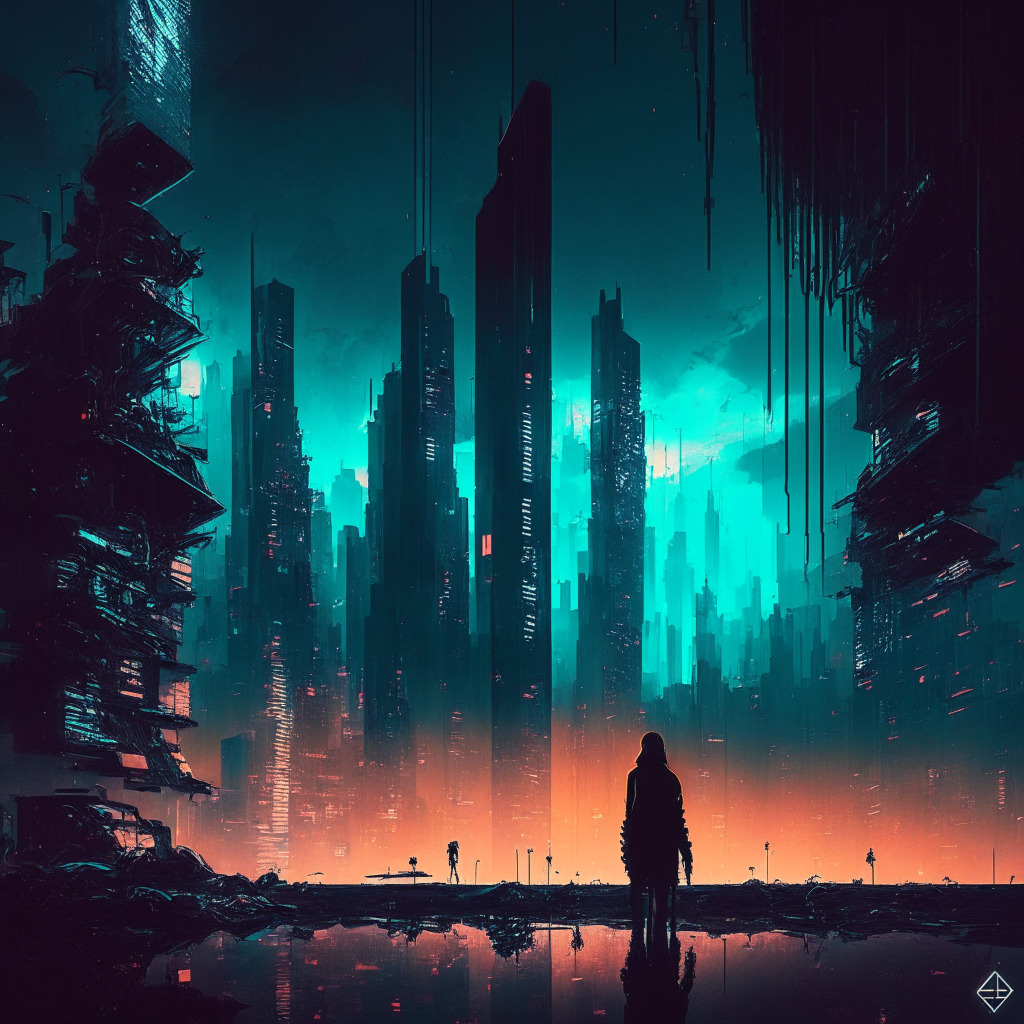 DeFi security breach scene, contrasting darkness & light, mysterious hacker exploiting smart contract, tokens fading away, juxtaposed with bright surge of liquid staking, futuristic city skyline, rising financial graphics, intense mood, hints of optimism amidst uncertainty, digital art style.