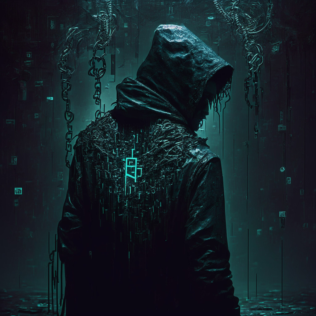 Dark, futuristic cyber scene, shadowy hacker figure, broken digital chain, disintegrating cryptocurrency coins, contrast between trust and chaos, dimly lit atmosphere, tense mood, focus on vulnerable DeFi protocol, subtle hints of regenerative growth.