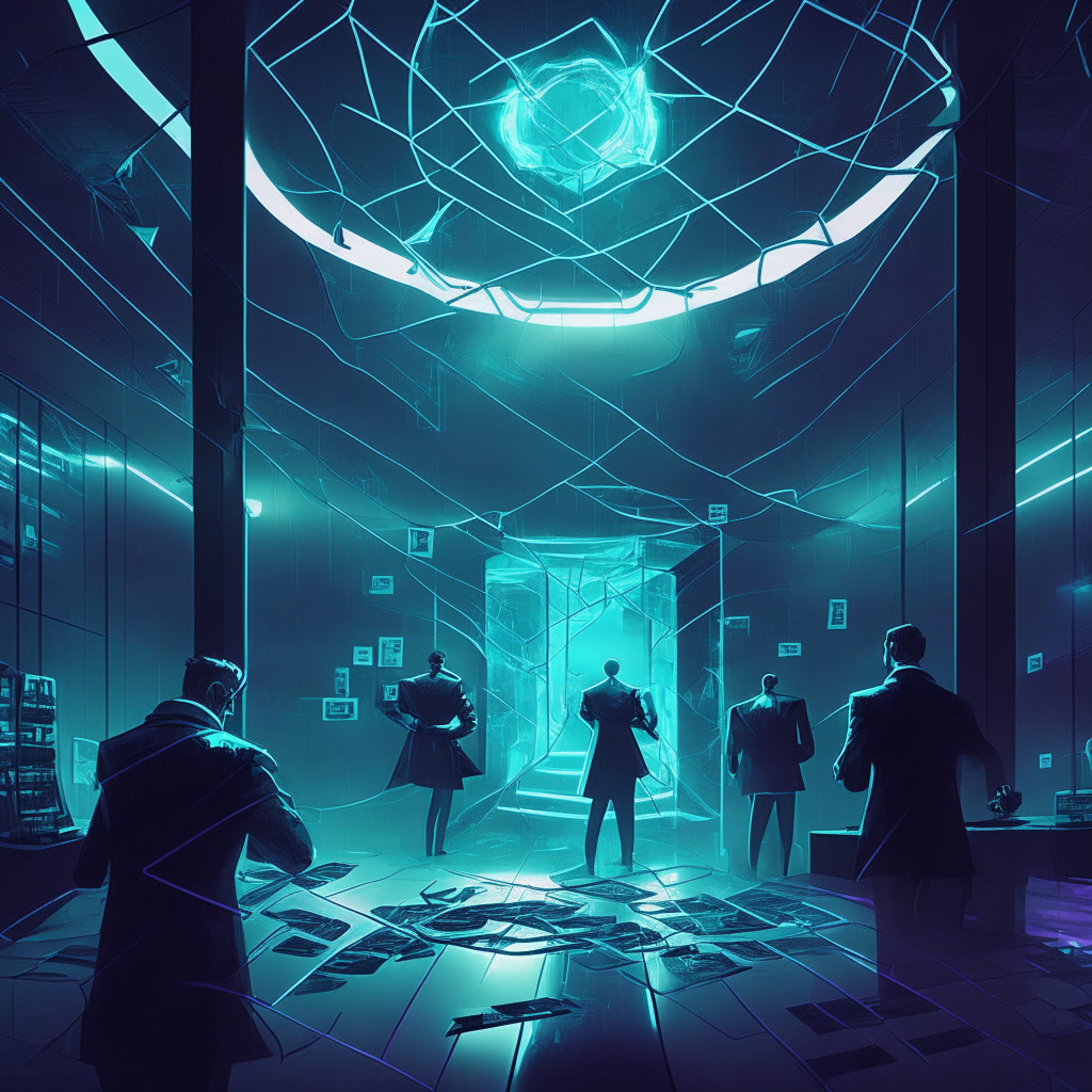 Intricate blockchain scene, dynamic lighting, powerful and mysterious atmosphere, modern artistic style. Features: cyber investigators pursuing hackers, courtroom drama with DeFi lawsuit, Ethereum un-staking process highlighted, Chainlink network with Coinbase Cloud connection. Mood: tension, advancement, excitement in the DeFi space.